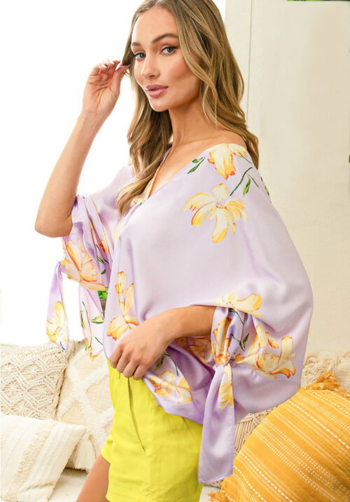 LuxiBoutique™ KIMOMO SLEEVE FLORAL PRINT SATIN TOP