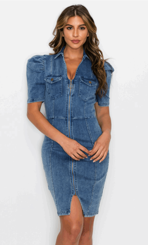 LuxiBoutique™ Puff Sleeve Denim Dress With Zipper-Very Flattering